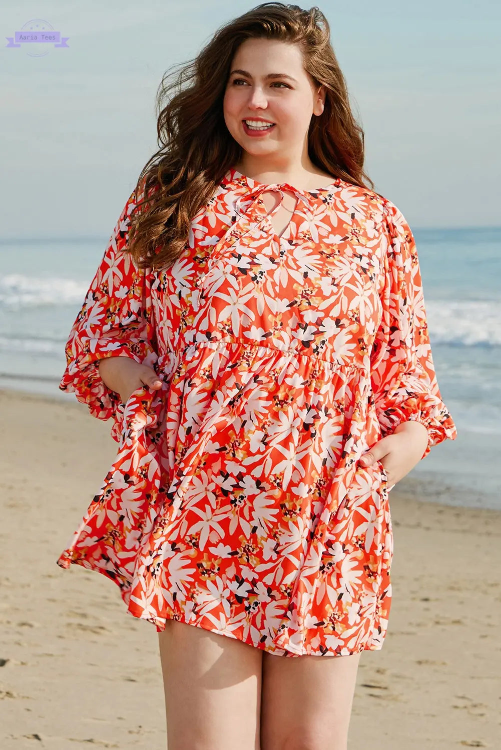 Orange Floral Print Split V Neck Bubble Sleeve Plus Size Midi Dress Aaria Tees Aaria Tees