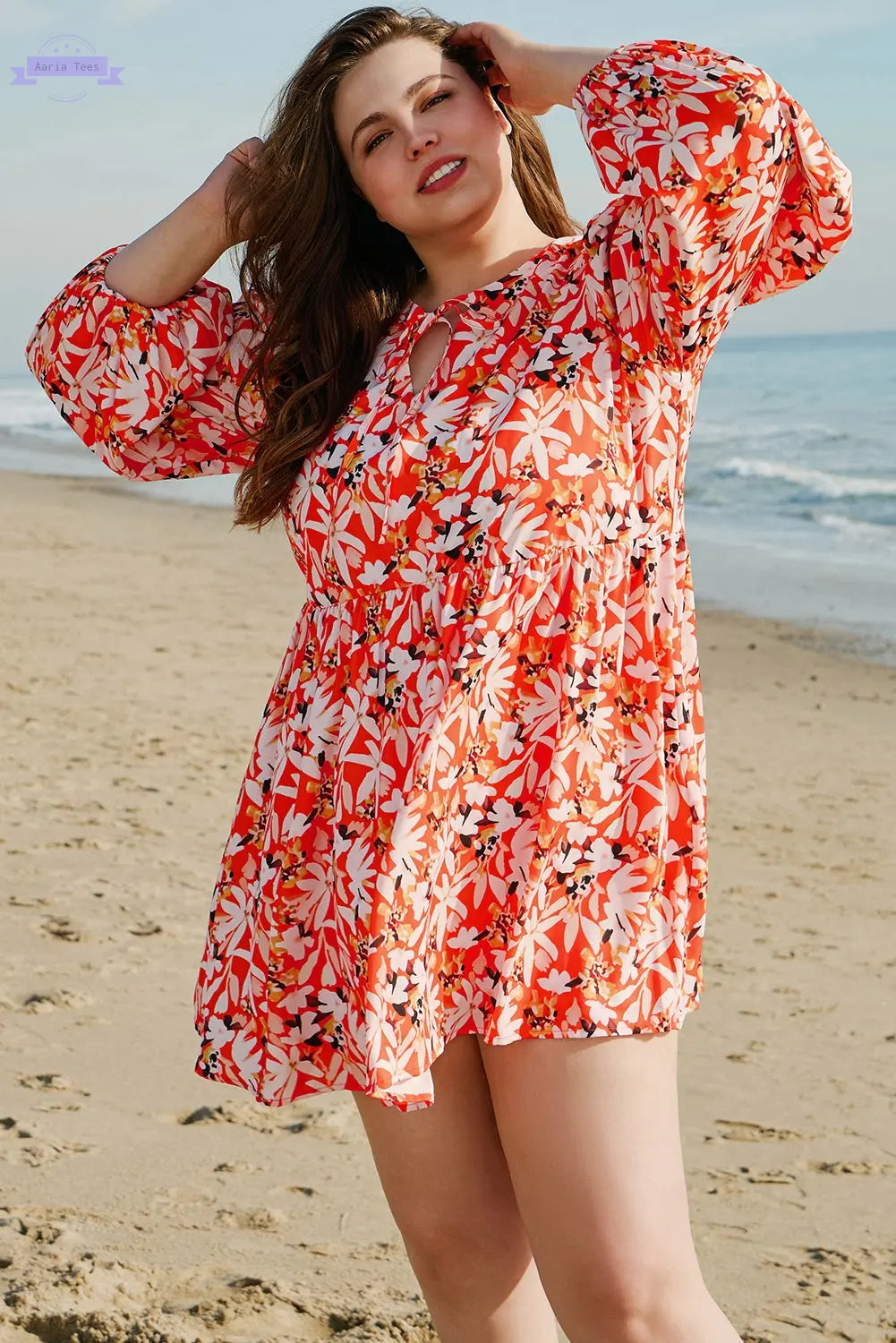Orange Floral Print Split V Neck Bubble Sleeve Plus Size Midi Dress Aaria Tees Aaria Tees