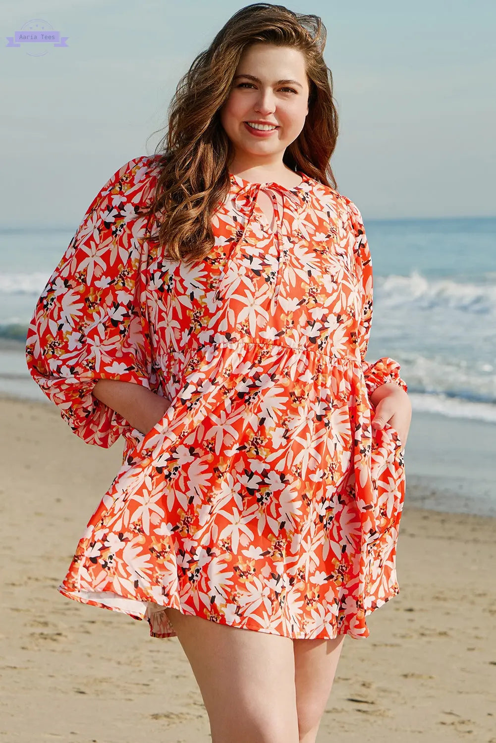 Orange Floral Print Split V Neck Bubble Sleeve Plus Size Midi Dress Aaria Tees Aaria Tees
