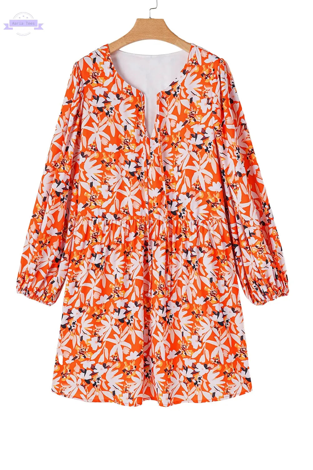 Orange Floral Print Split V Neck Bubble Sleeve Plus Size Midi Dress Aaria Tees Aaria Tees