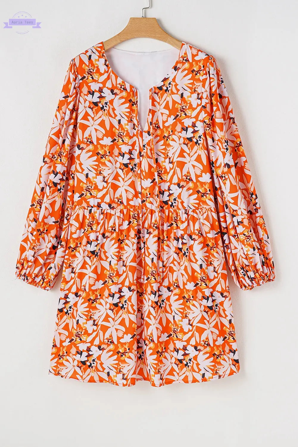 Orange Floral Print Split V Neck Bubble Sleeve Plus Size Midi Dress Aaria Tees Aaria Tees