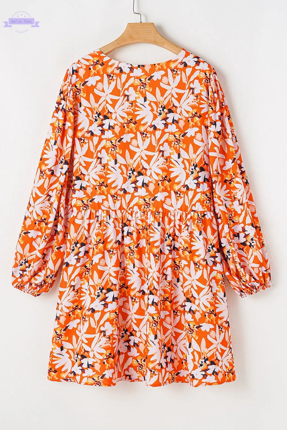 Orange Floral Print Split V Neck Bubble Sleeve Plus Size Midi Dress Aaria Tees Aaria Tees
