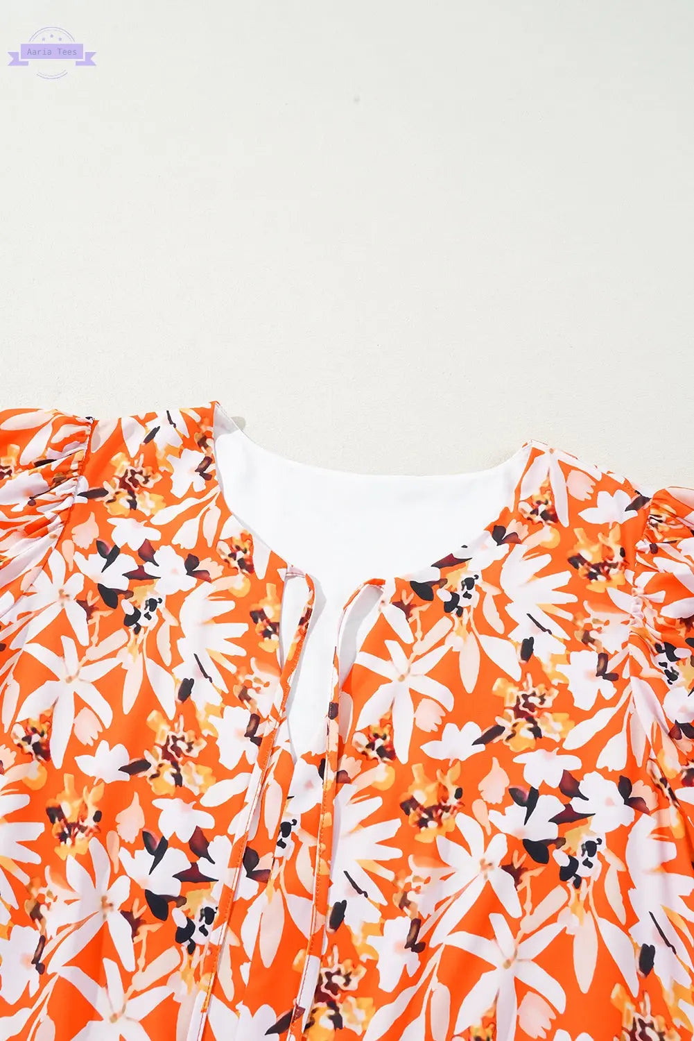 Orange Floral Print Split V Neck Bubble Sleeve Plus Size Midi Dress Aaria Tees Aaria Tees