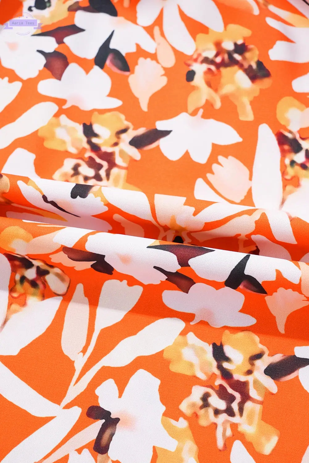 Orange Floral Print Split V Neck Bubble Sleeve Plus Size Midi Dress Aaria Tees Aaria Tees
