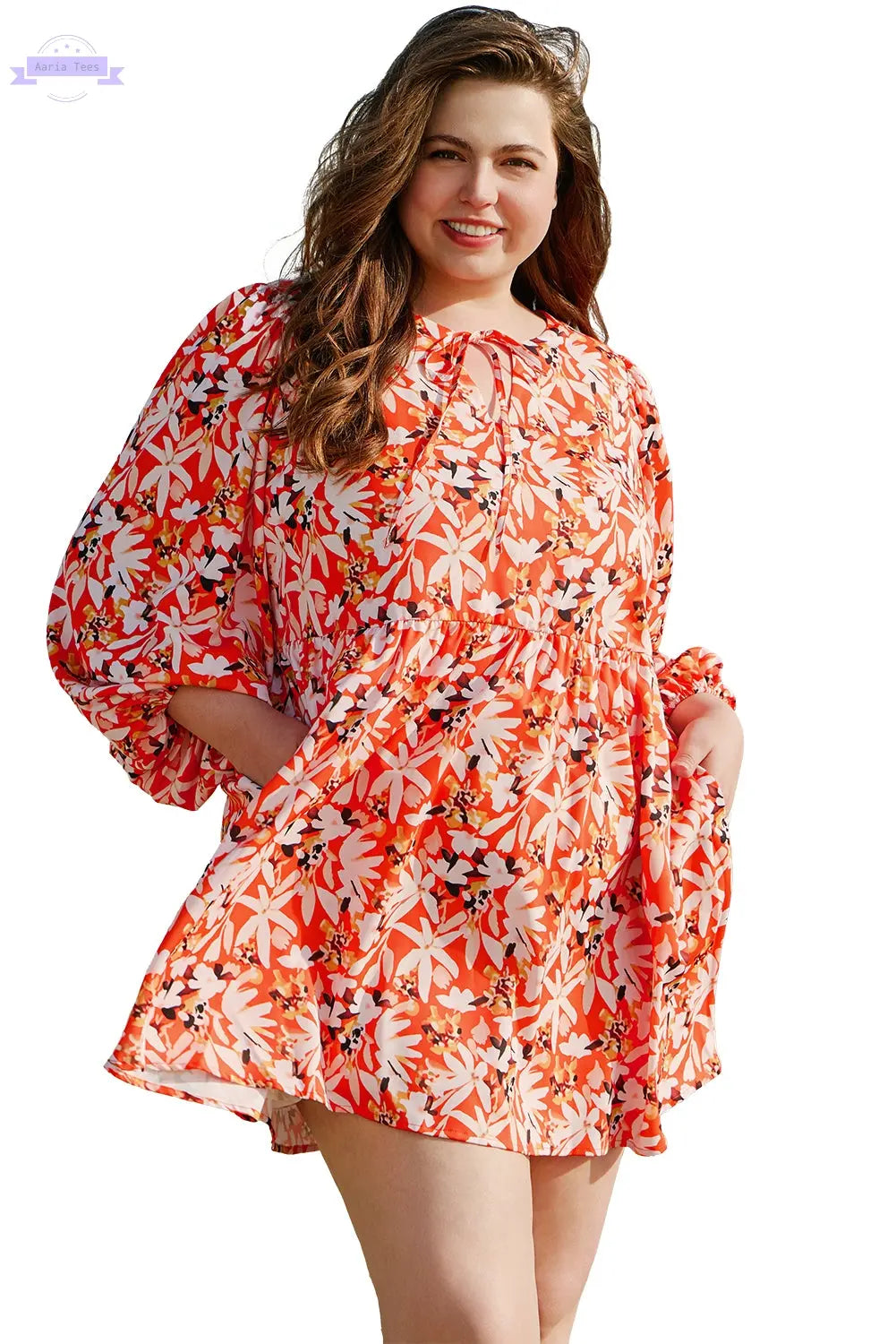 Orange Floral Print Split V Neck Bubble Sleeve Plus Size Midi Dress Aaria Tees Aaria Tees