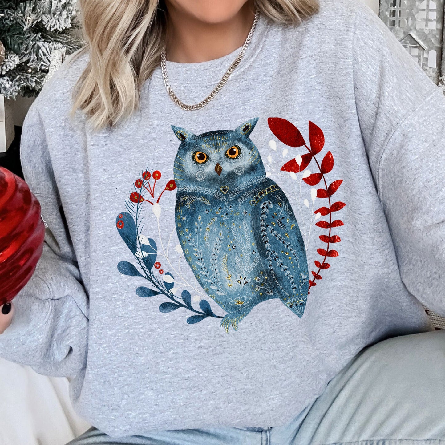 Owl, Folk Art, Scandinavian, Winter, Christmas Sweatshirt