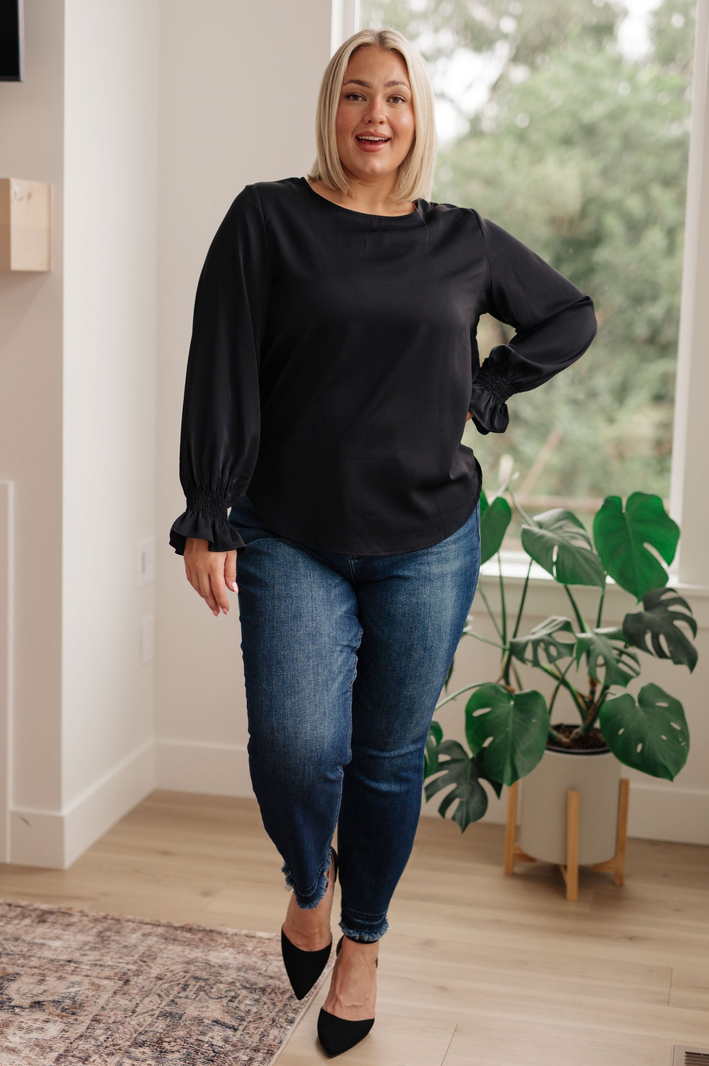 Peaceful Moments Smocked Sleeve Blouse in Black (Online Exclusive)