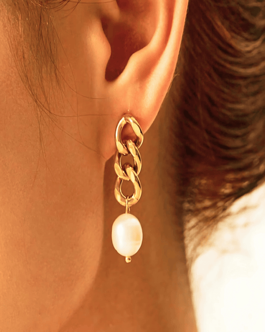 Pearl Drop Earrings with Gold Chain - MADISON PEARL DUET™ - Aaria Tees