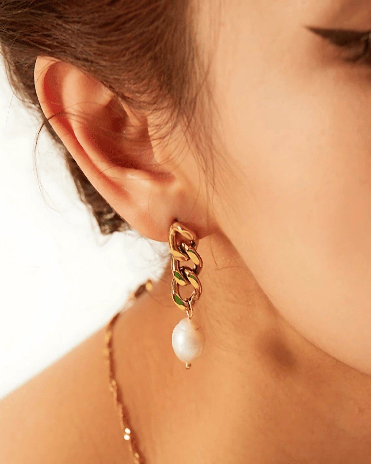 Pearl Drop Earrings with Gold Chain - MADISON PEARL DUET™ - Aaria Tees