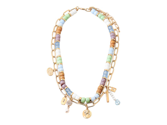 Charm Necklace - Double Layer Pastel Beaded Charm Necklace