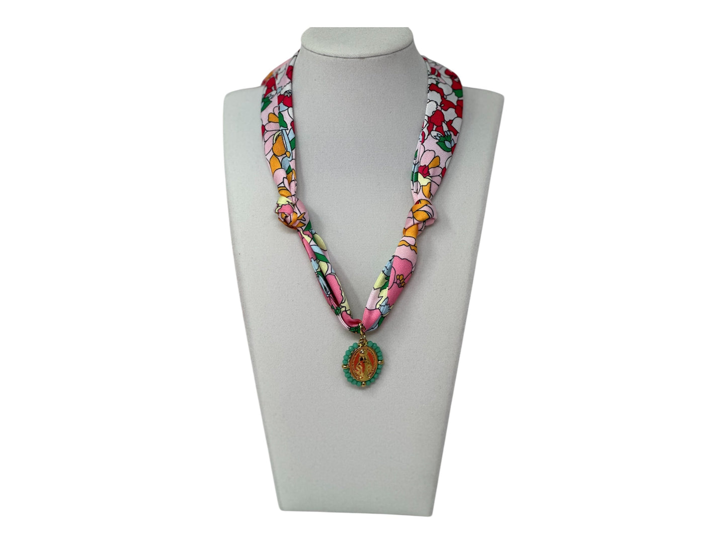Scarf Charm Necklace - Pink Multi Flower with Mary Pendant with Turquoise