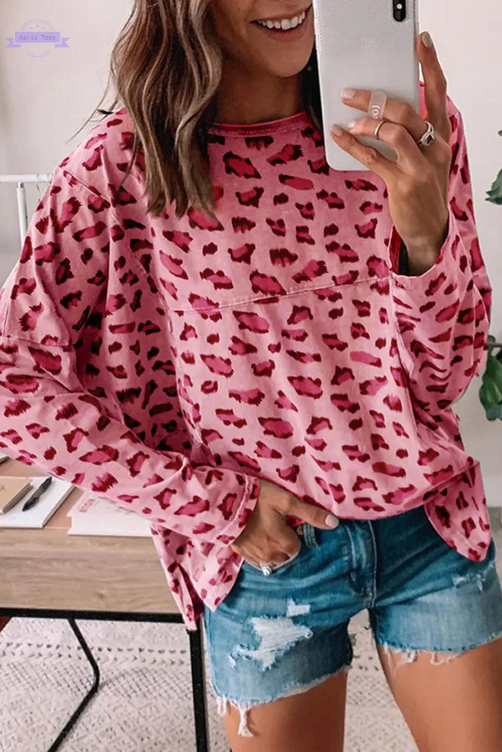 Pink Animal Print Stitching Loose Long Sleeve Top Aaria Tees Aaria Tees