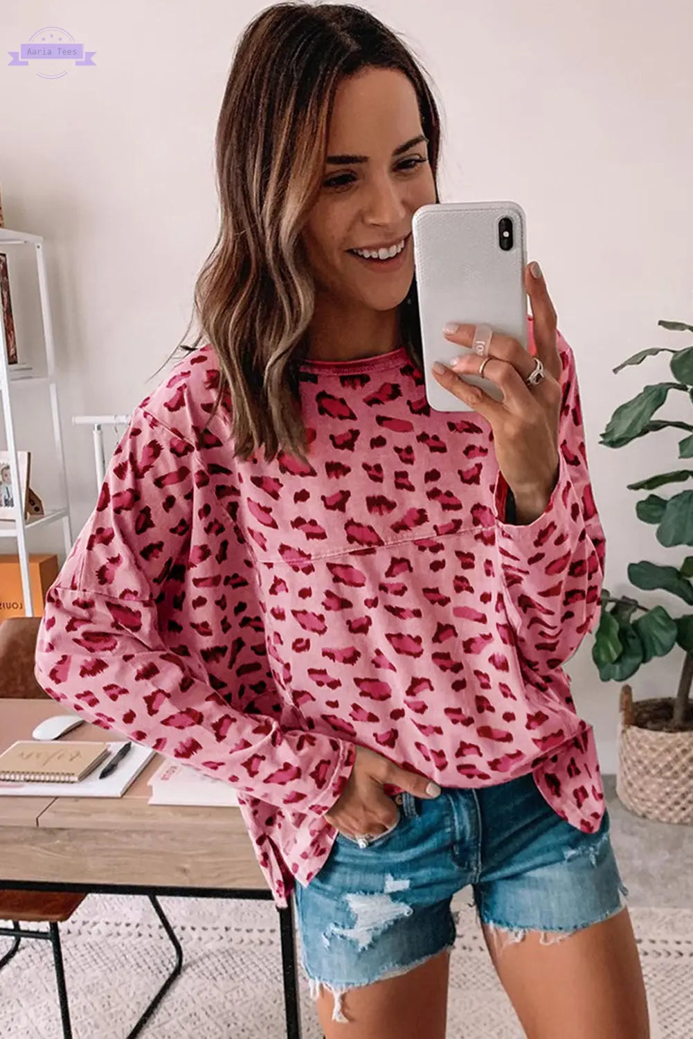 Pink Animal Print Stitching Loose Long Sleeve Top Aaria Tees Aaria Tees