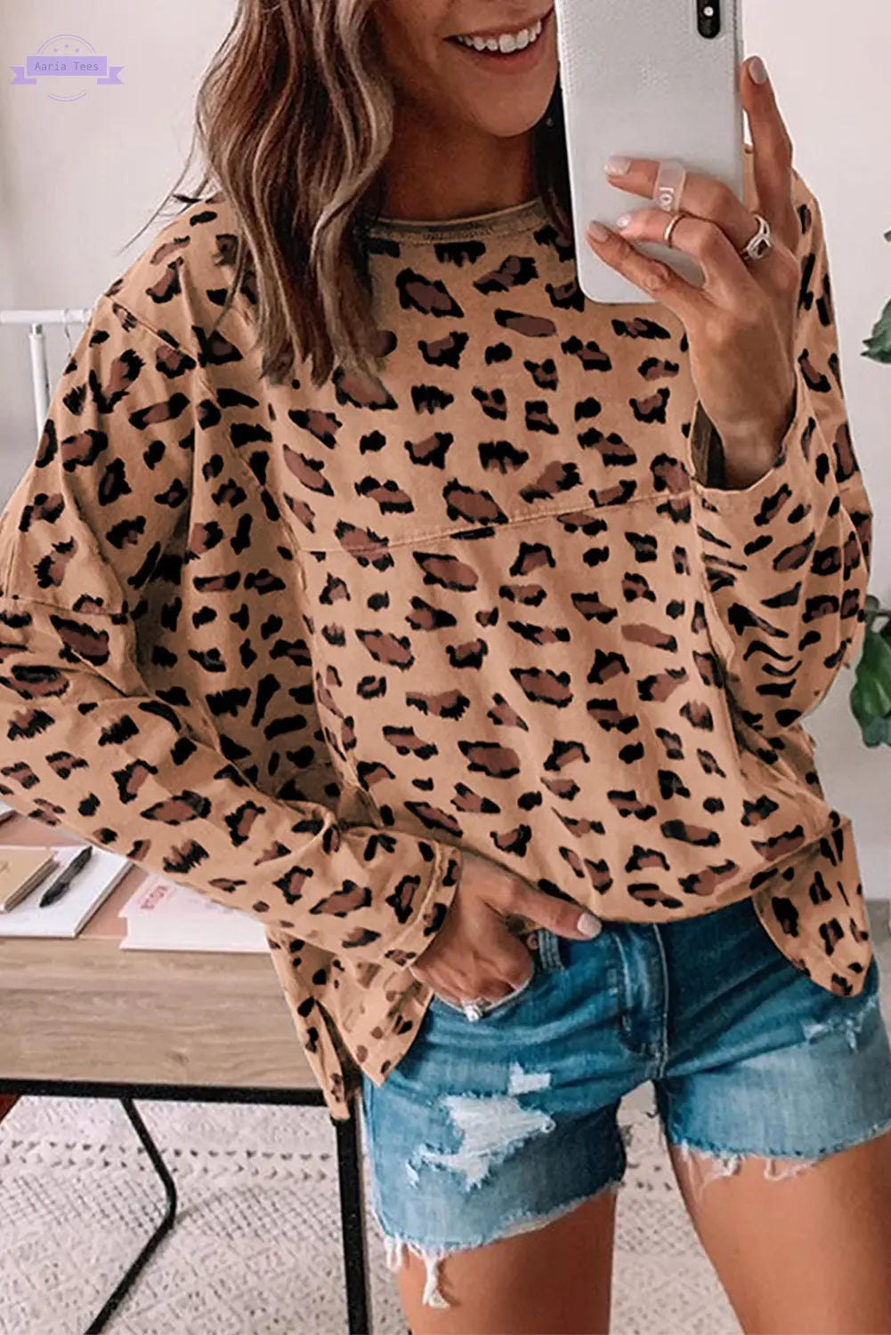 Pink Animal Print Stitching Loose Long Sleeve Top Aaria Tees Aaria Tees