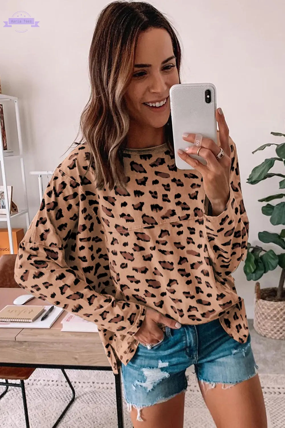 Pink Animal Print Stitching Loose Long Sleeve Top Aaria Tees Aaria Tees