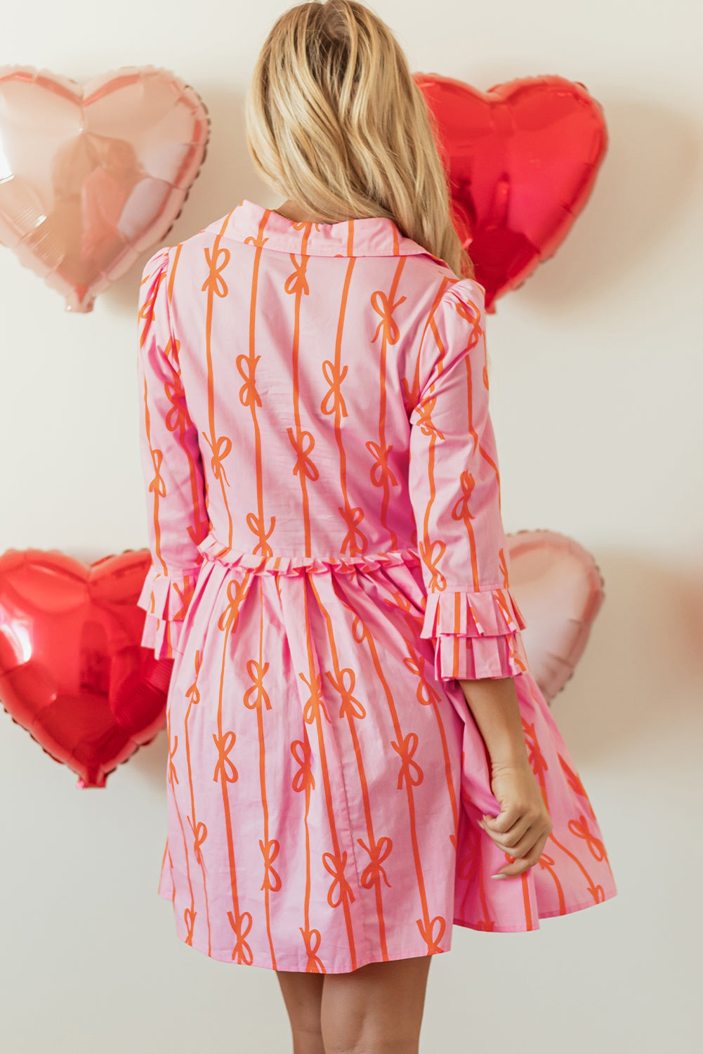 Pink Bowknot Striped Printed Tiered Ruffled Mini Shirt Dress - Aaria Tees Aaria Tees