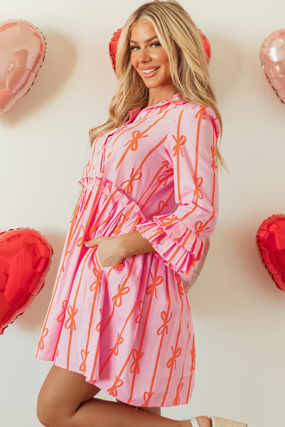 Pink Bowknot Striped Printed Tiered Ruffled Mini Shirt Dress - Aaria Tees Aaria Tees