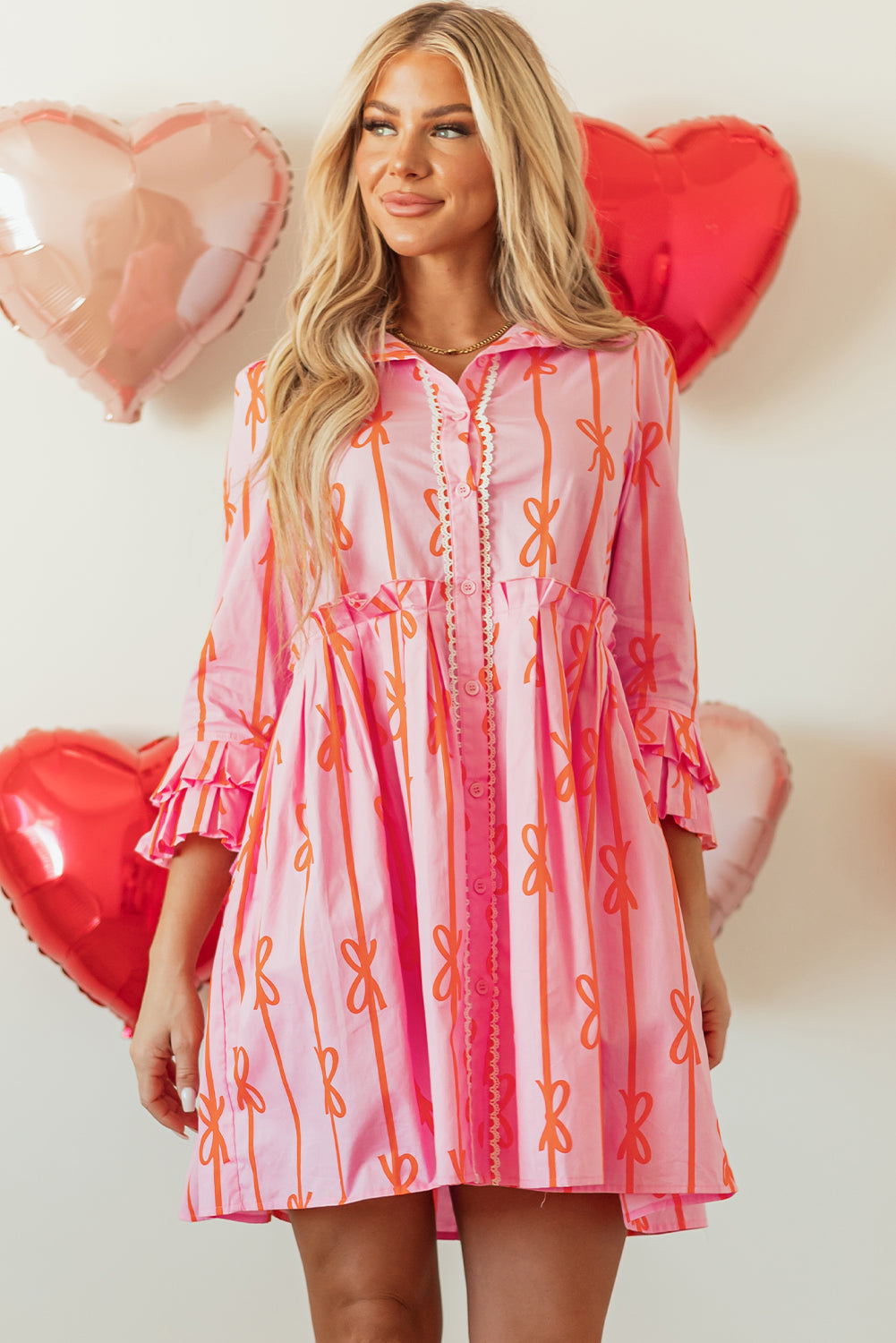 Pink Bowknot Striped Printed Tiered Ruffled Mini Shirt Dress - Aaria Tees Aaria Tees