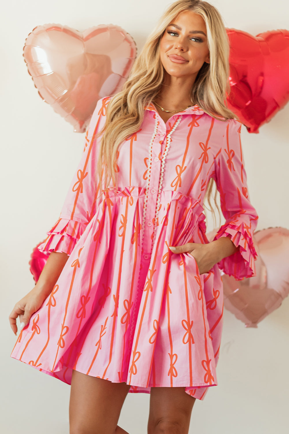 Pink Bowknot Striped Printed Tiered Ruffled Mini Shirt Dress - Aaria Tees Aaria Tees