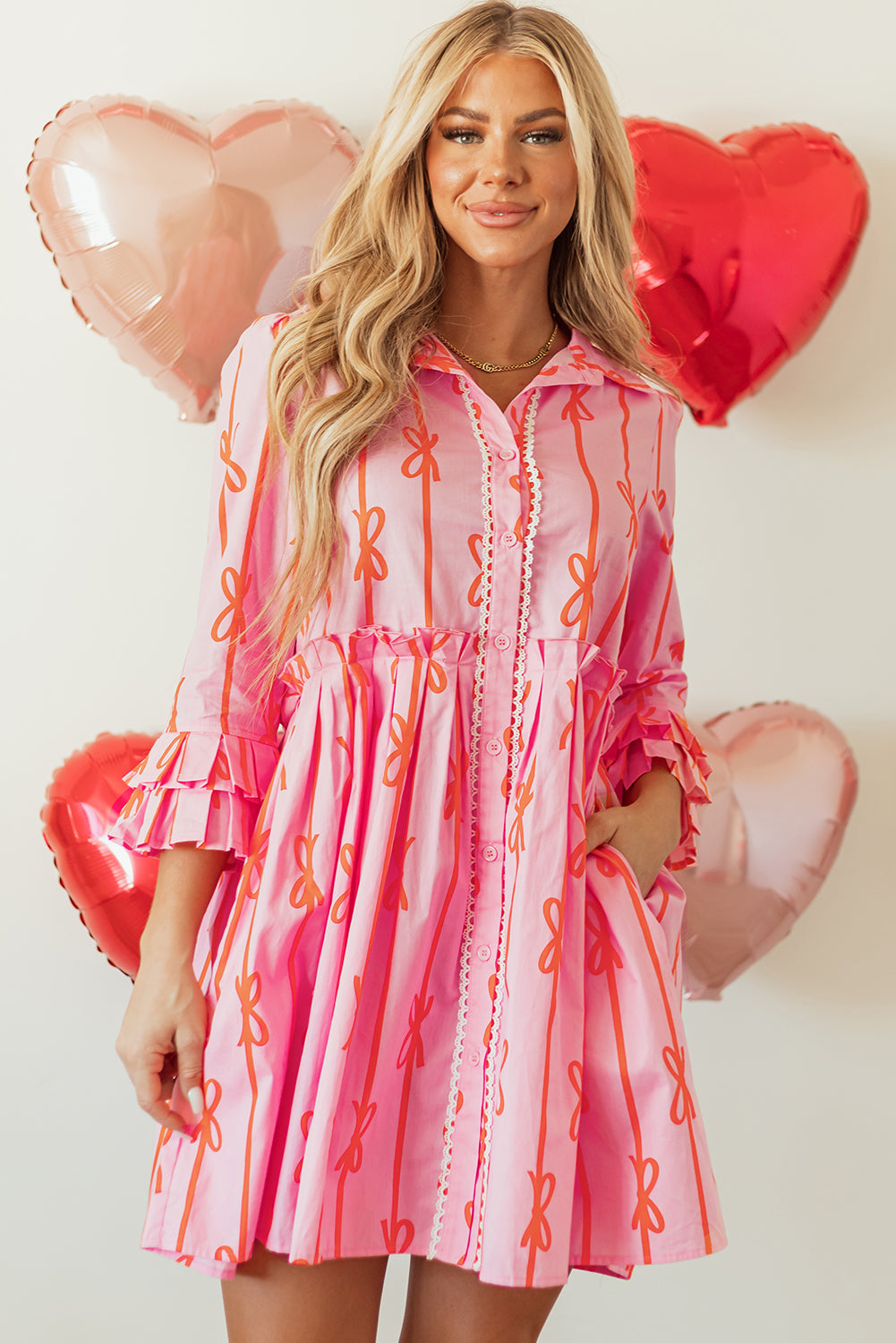 Pink Bowknot Striped Printed Tiered Ruffled Mini Shirt Dress - Aaria Tees Aaria Tees