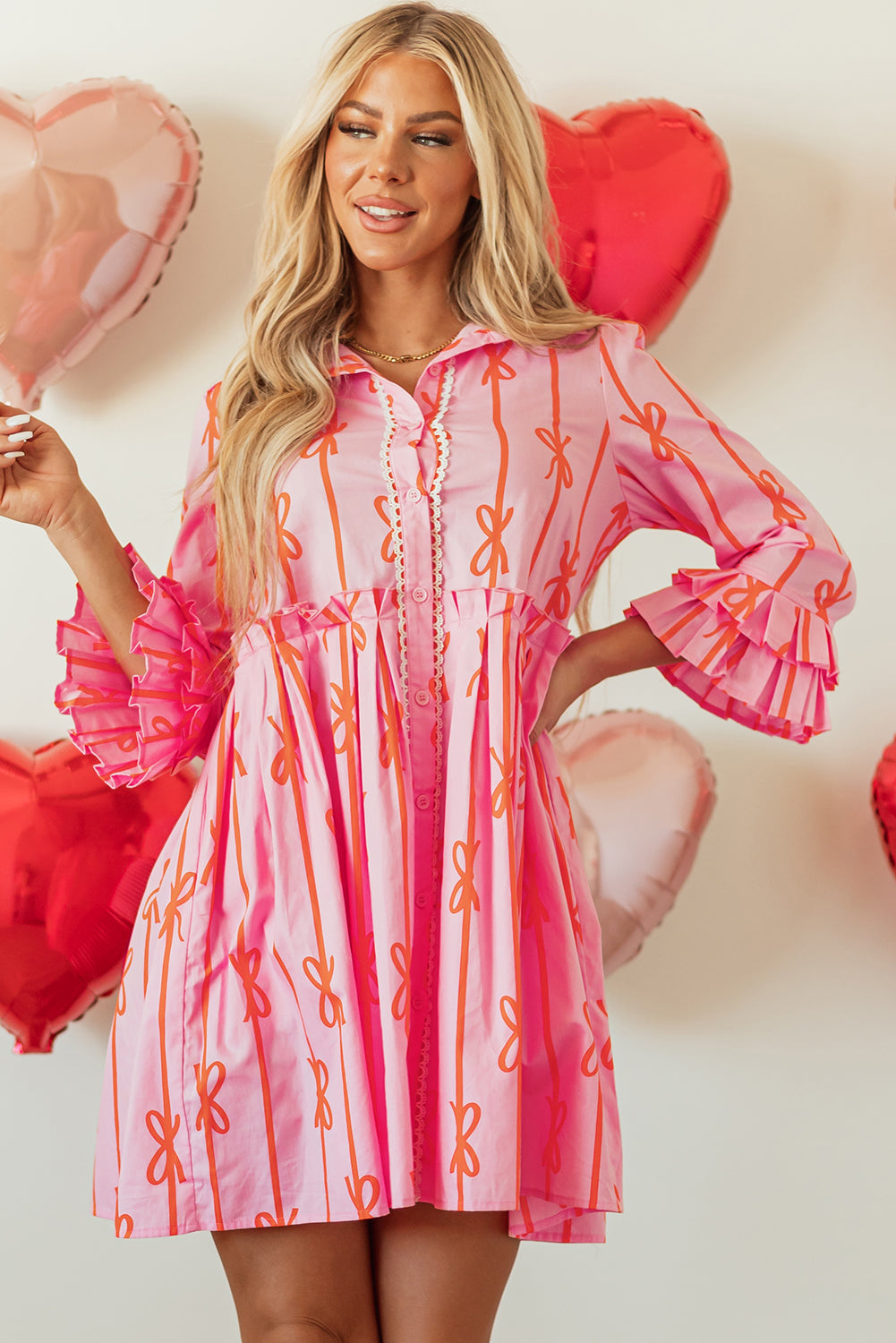 Pink Bowknot Striped Printed Tiered Ruffled Mini Shirt Dress - Aaria Tees Aaria Tees