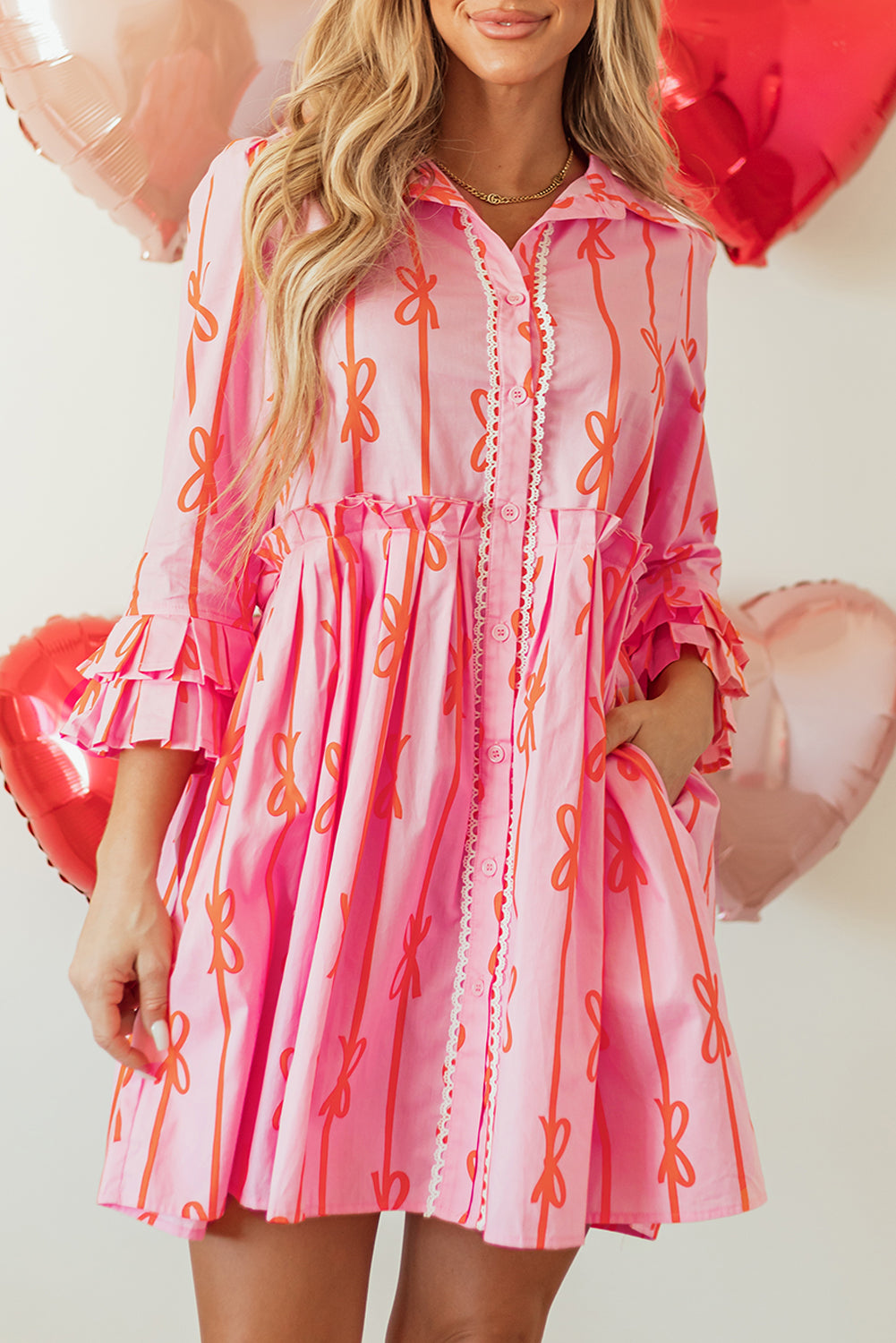 Pink Bowknot Striped Printed Tiered Ruffled Mini Shirt Dress - Aaria Tees Aaria Tees