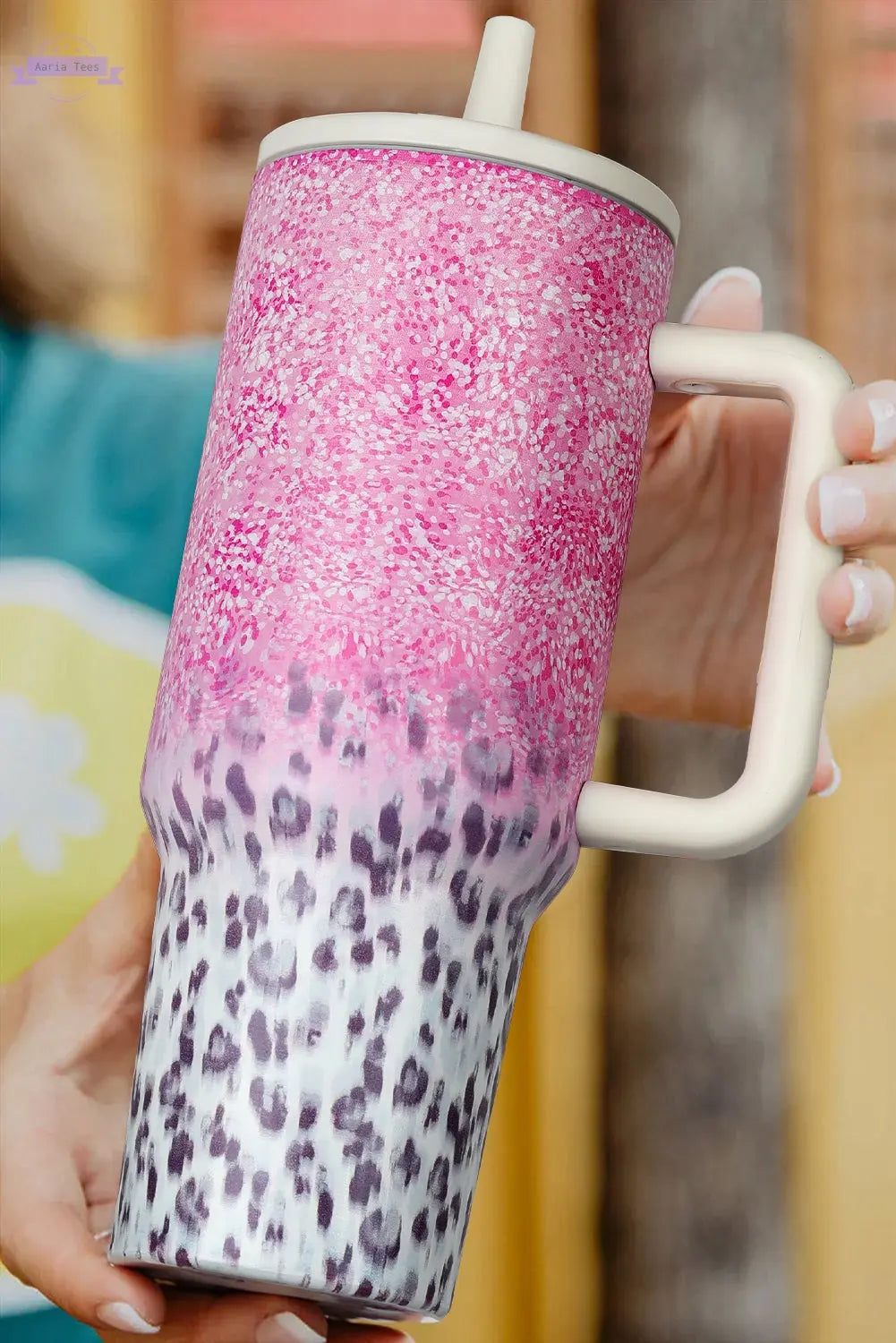 Pink Leopard Gradient 40oz Stainless Steel Thermos Travel Cup Aaria Tees Aaria Tees
