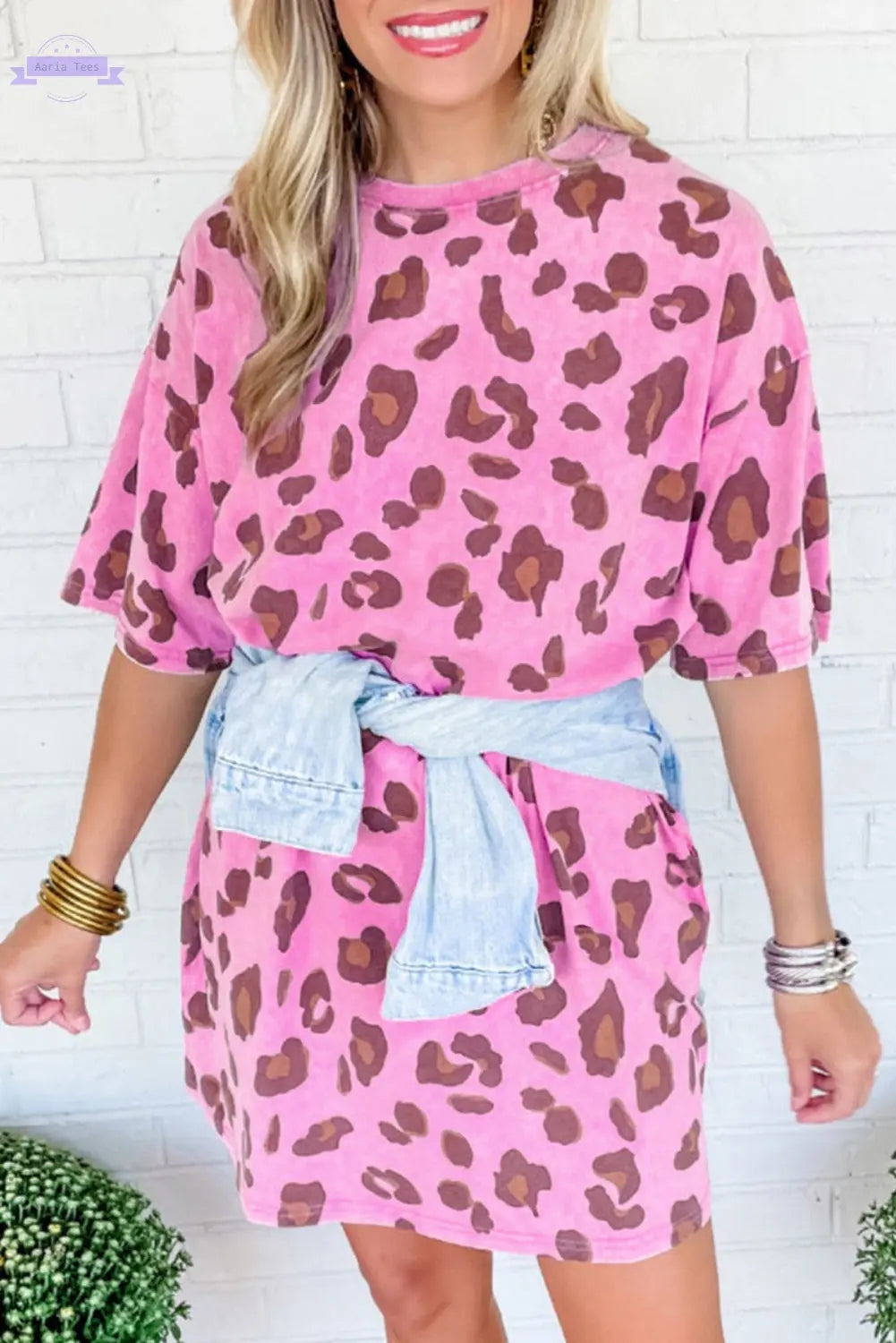 Pink Leopard Mineral Wash Side Pocket Shift Mini Dress Aaria Tees