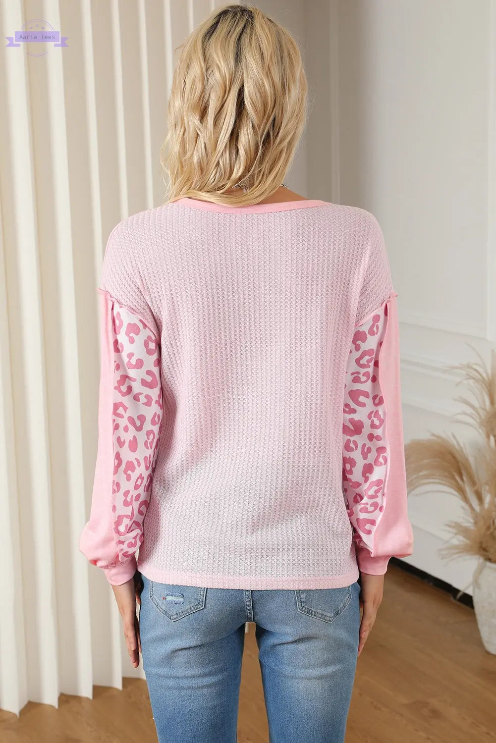 Pink Leopard Patchwork Exposed Seam Waffle Knit Top Aaria Tees Aaria Tees
