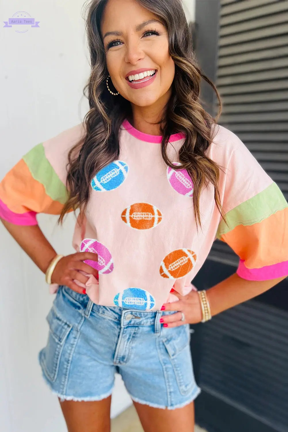 Pink Rugby Chenille Embroidered Color Block Half Sleeve T Shirt - Aaria Tees