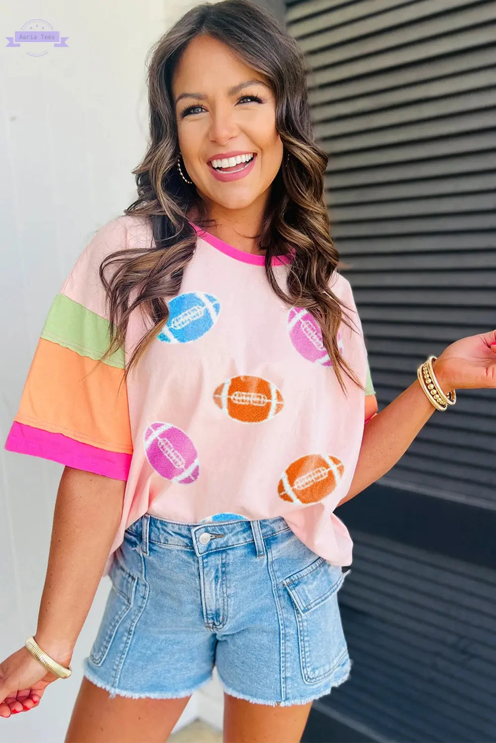 Pink Rugby Chenille Embroidered Color Block Half Sleeve T Shirt - Aaria Tees