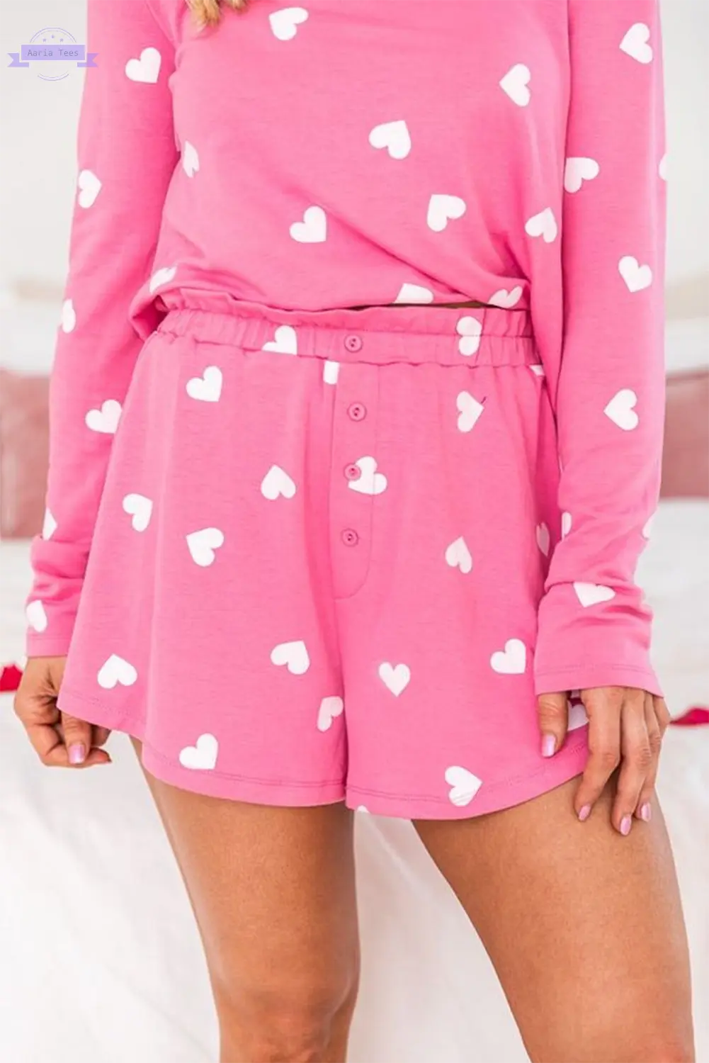 Pink Valentine Heart Print Long Sleeve Tee and Shorts Lounge Set Aaria Tees
