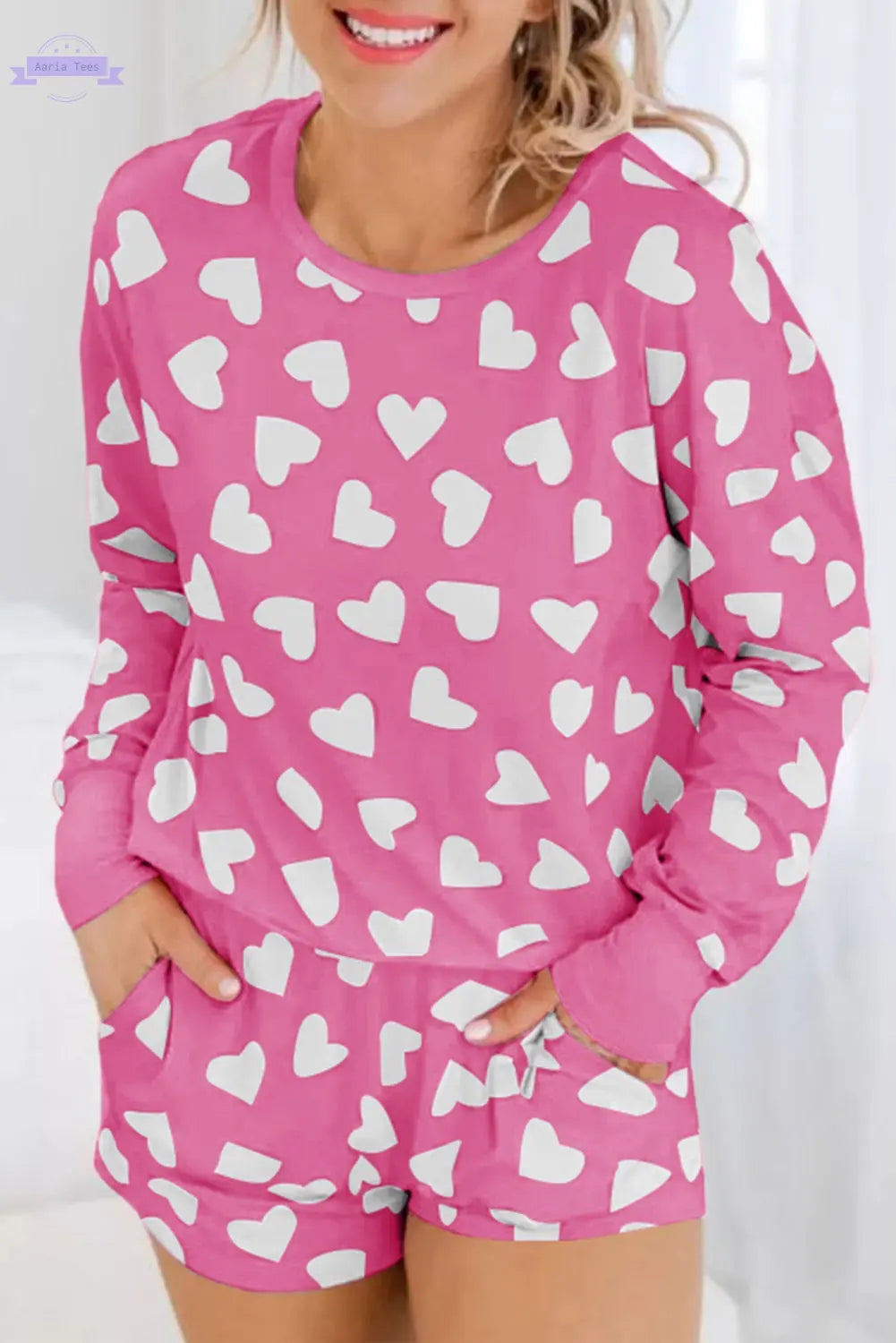 Pink Valentine Heart Shape Print Long Sleeve Top Shorts Lounge Set Aaria Tees