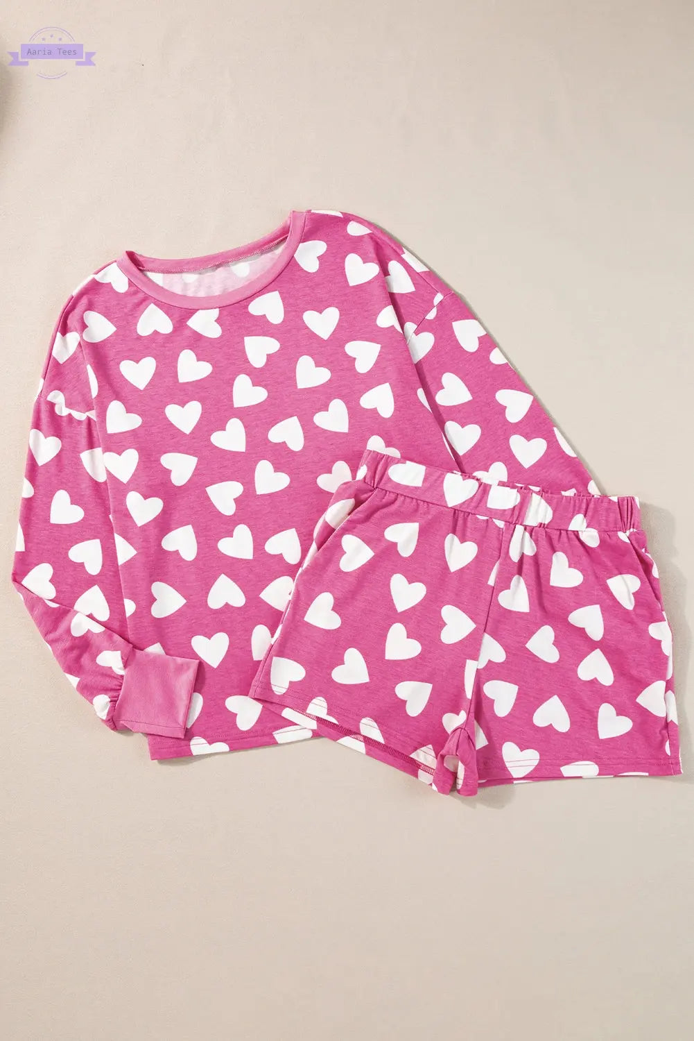 Pink Valentine Heart Shape Print Long Sleeve Top Shorts Lounge Set Aaria Tees
