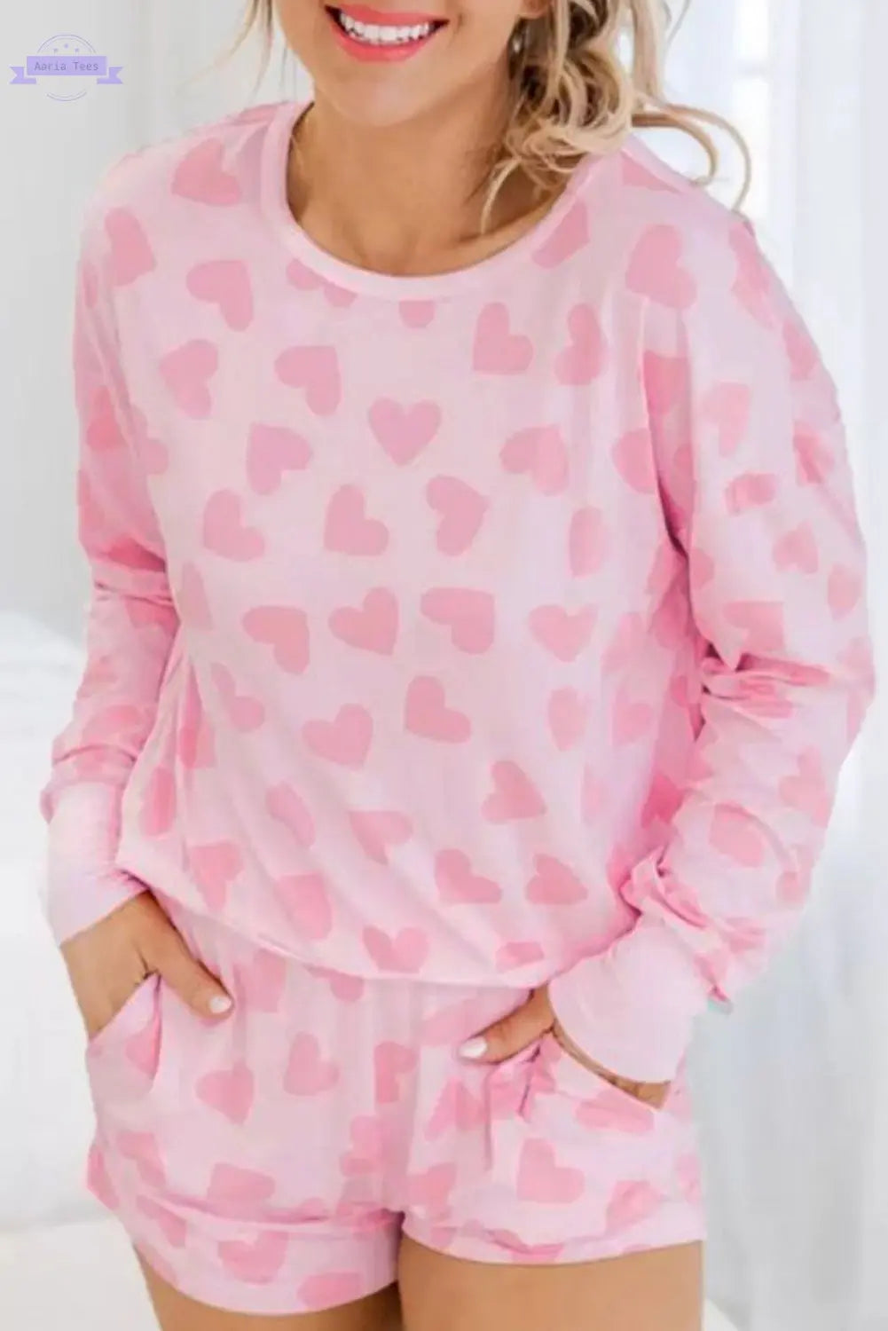 Pink Valentine Heart Shape Print Long Sleeve Top Shorts Lounge Set Aaria Tees