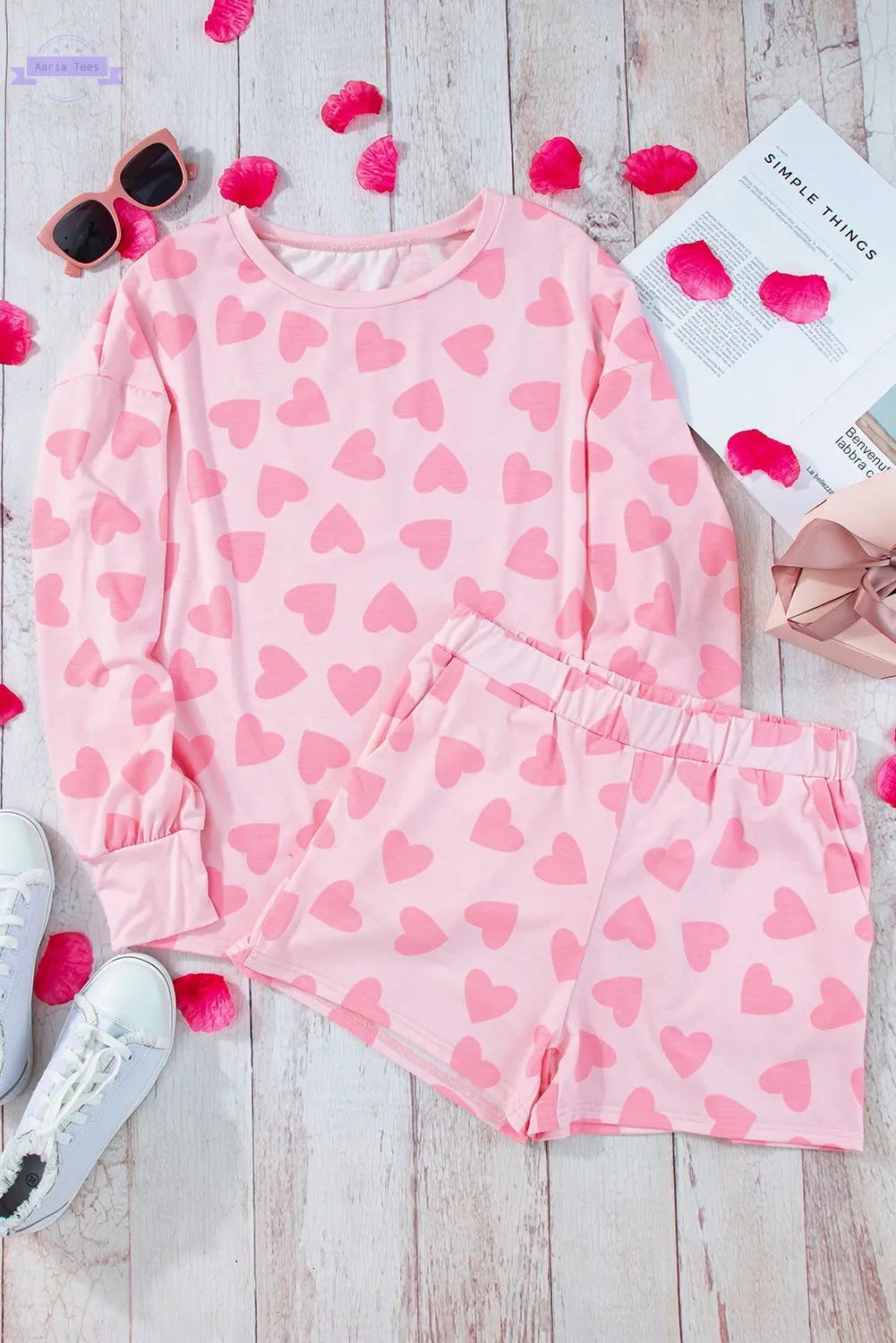 Pink Valentine Heart Shape Print Long Sleeve Top Shorts Lounge Set Aaria Tees