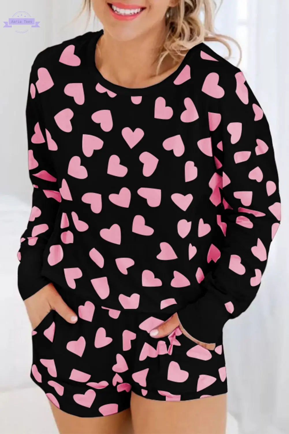 Pink Valentine Heart Shape Print Long Sleeve Top Shorts Lounge Set Aaria Tees