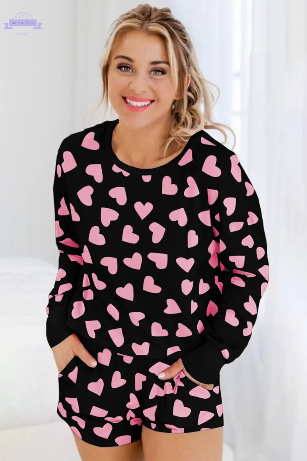 Pink Valentine Heart Shape Print Long Sleeve Top Shorts Lounge Set Aaria Tees