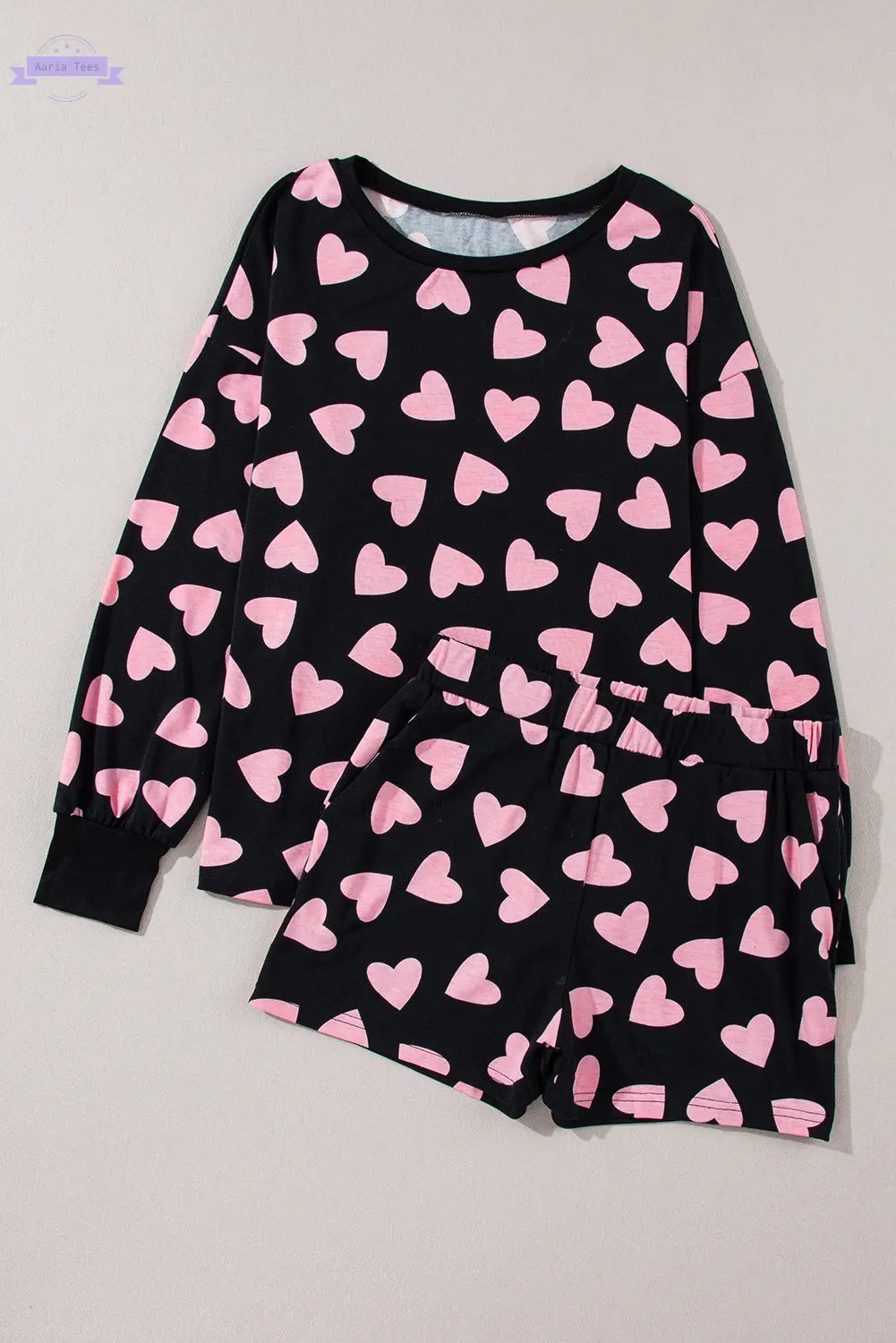 Pink Valentine Heart Shape Print Long Sleeve Top Shorts Lounge Set Aaria Tees