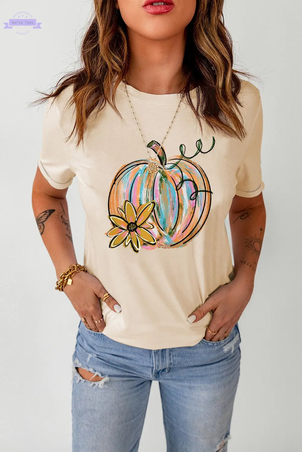 Pumpkin Graphic Round Neck T-Shirt Trendsi