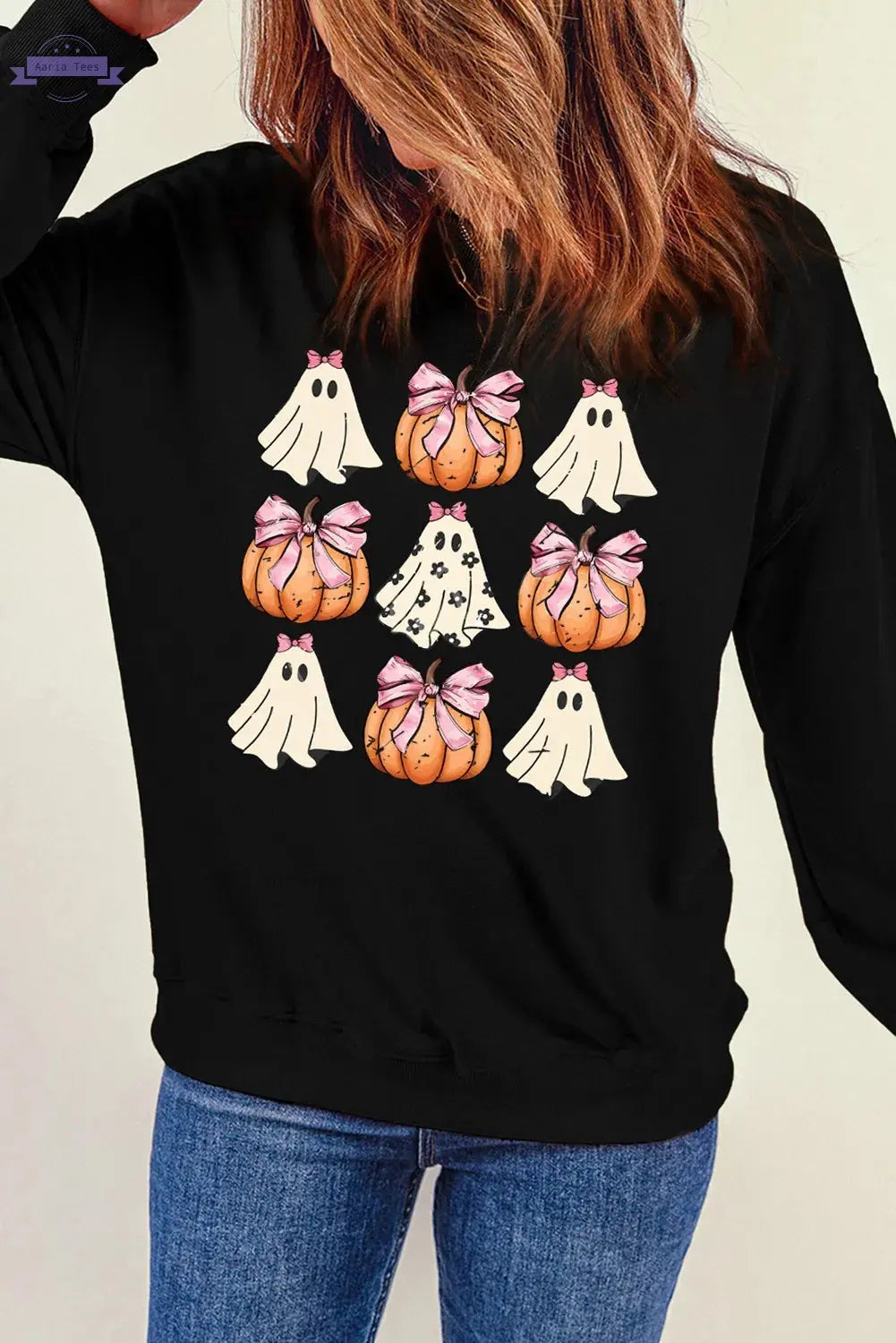 Pumpkin & Ghost Round Neck Long Sleeve Sweatshirt Trendsi Aaria Tees