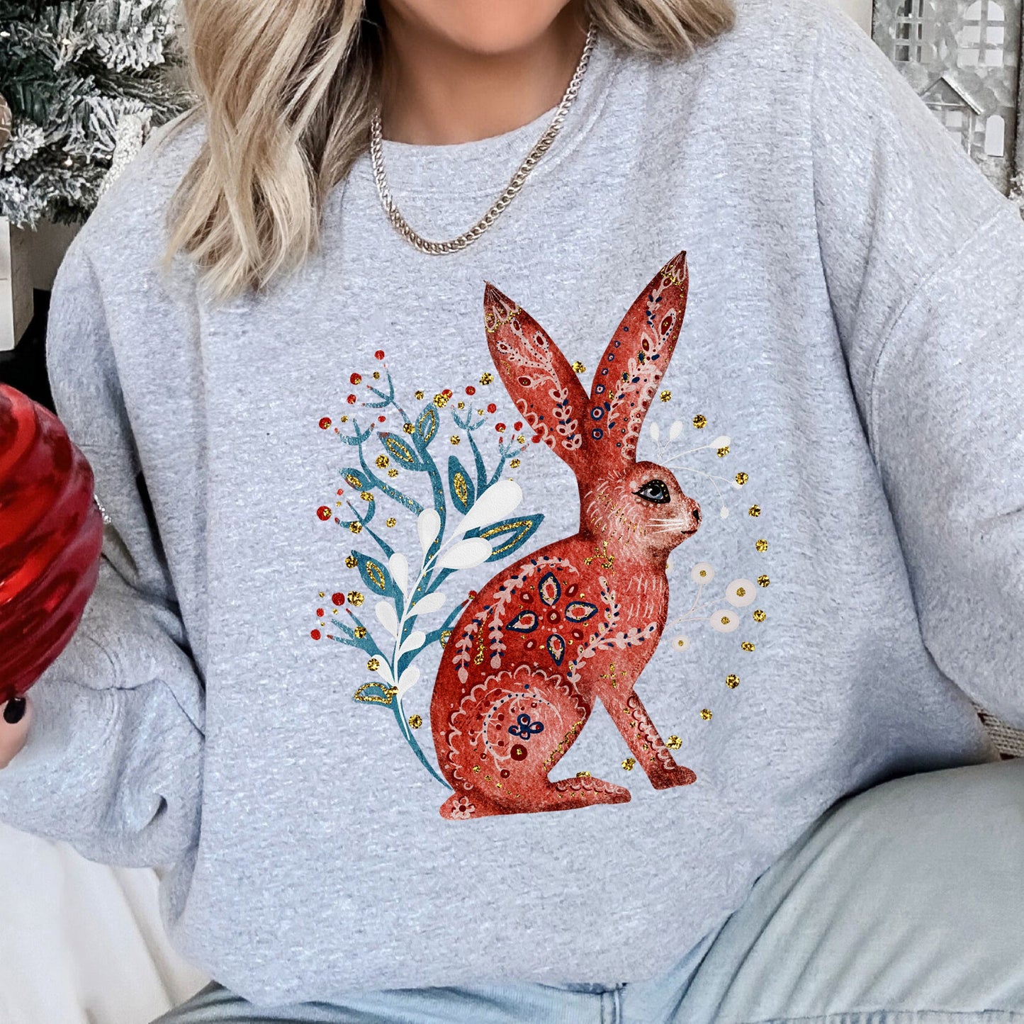 Rabbit, Folk Art, Scandinavian, Winter, Christmas Sweatshirt