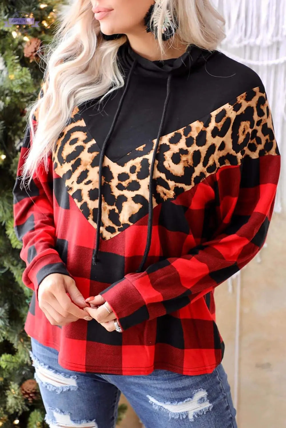 Red Chevron Plaid Leopard Patchwork Turtleneck Sweatshirt Aaria Tees
