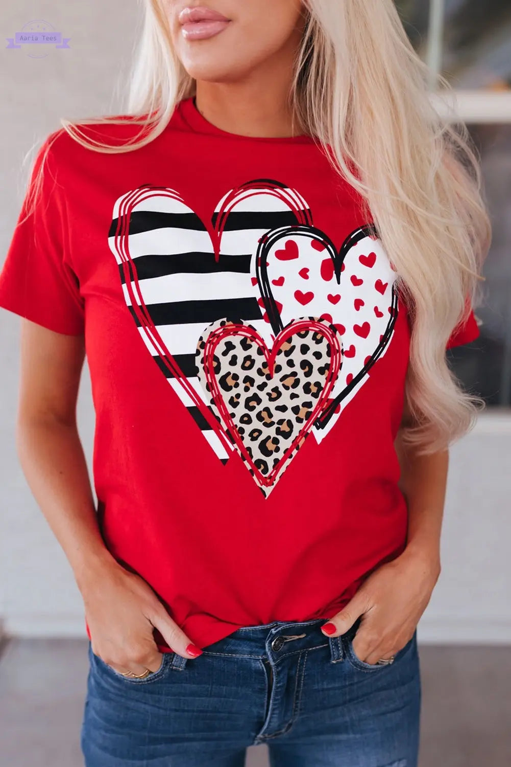 Red Leopard Striped Heart Shaped Print Crew Neck T Shirt Aaria Tees