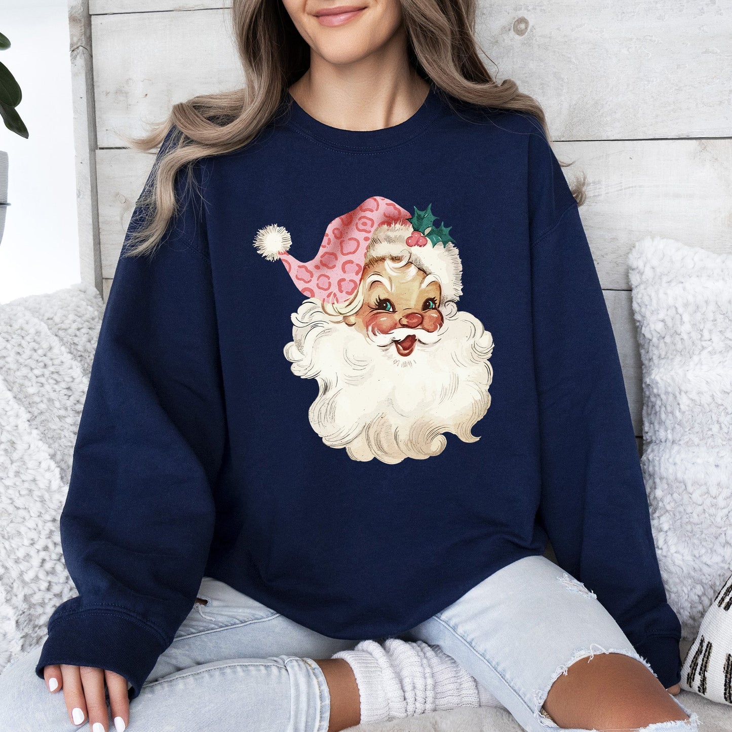 Retro Pink Santa, Leopard Cheetah Print, Christmas Sweatshirt
