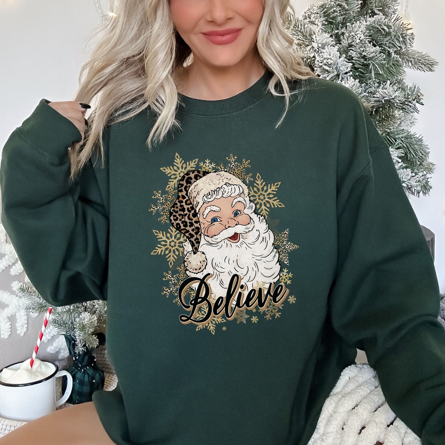 Retro Santa, Believe, Christmas, Leopard Print Sweatshirt