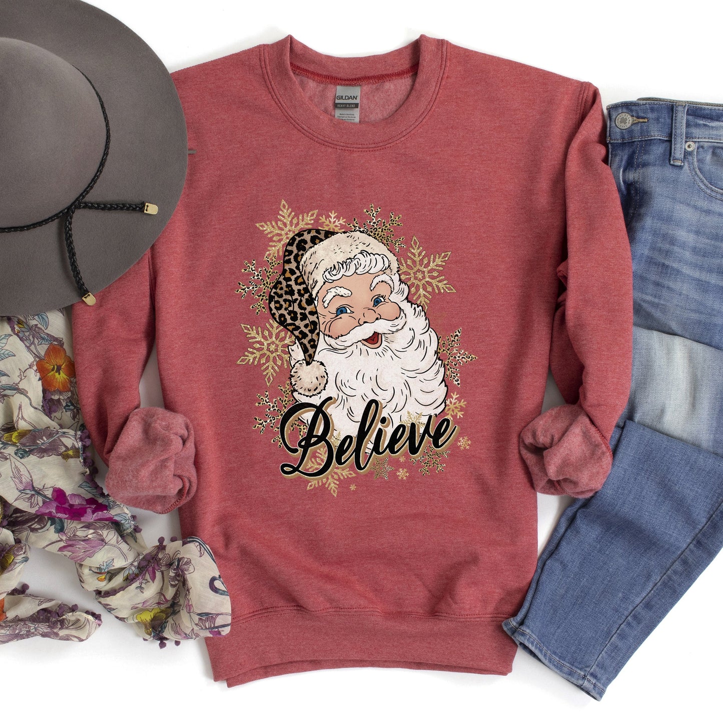 Retro Santa, Believe, Christmas, Leopard Print Sweatshirt