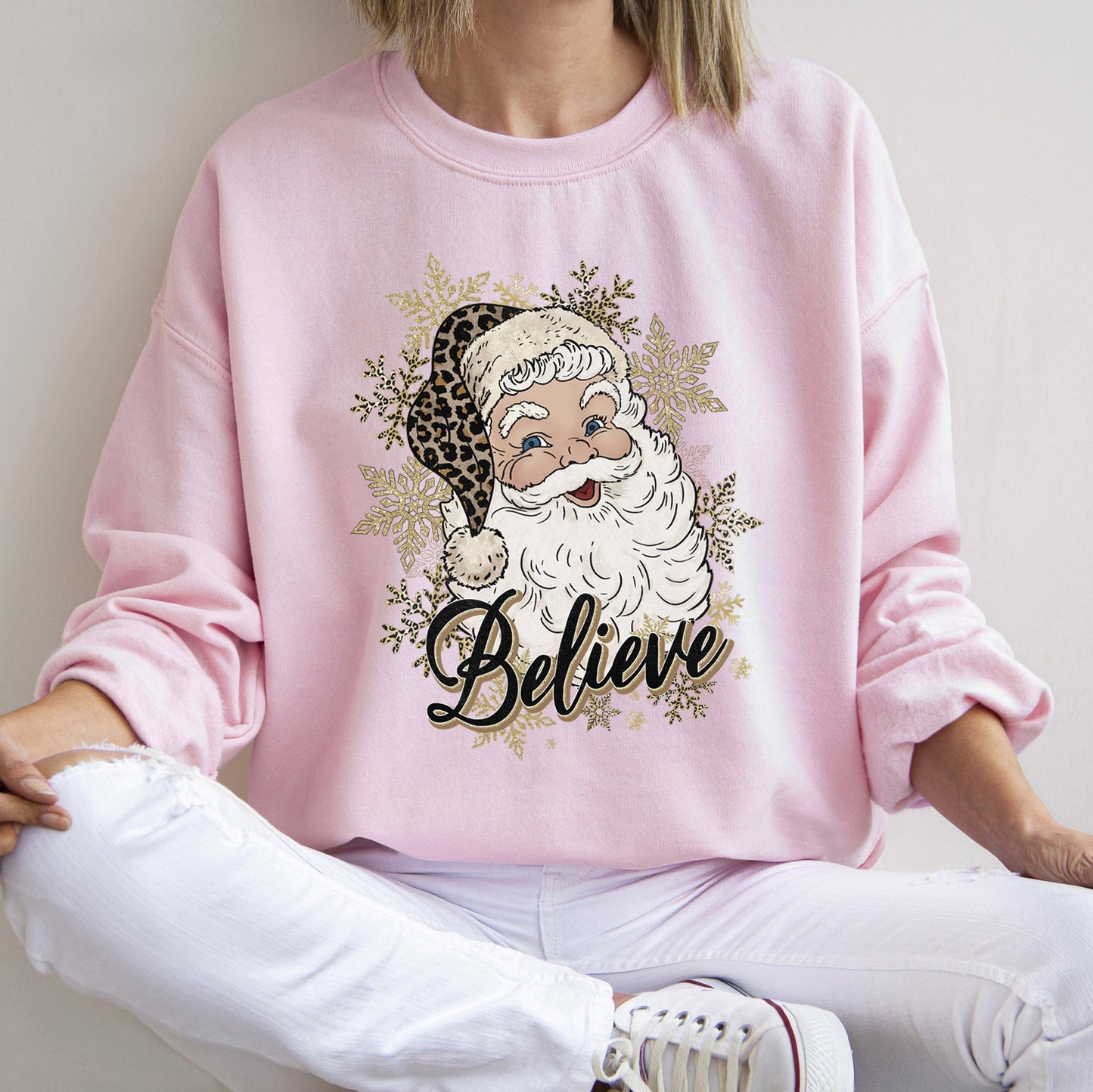 Retro Santa, Believe, Christmas, Leopard Print Sweatshirt