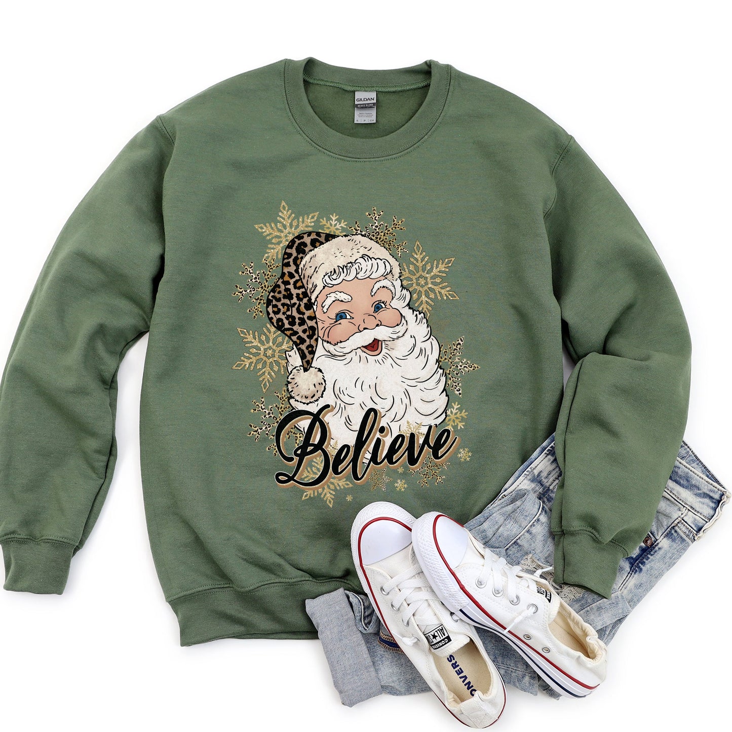 Retro Santa, Believe, Christmas, Leopard Print Sweatshirt