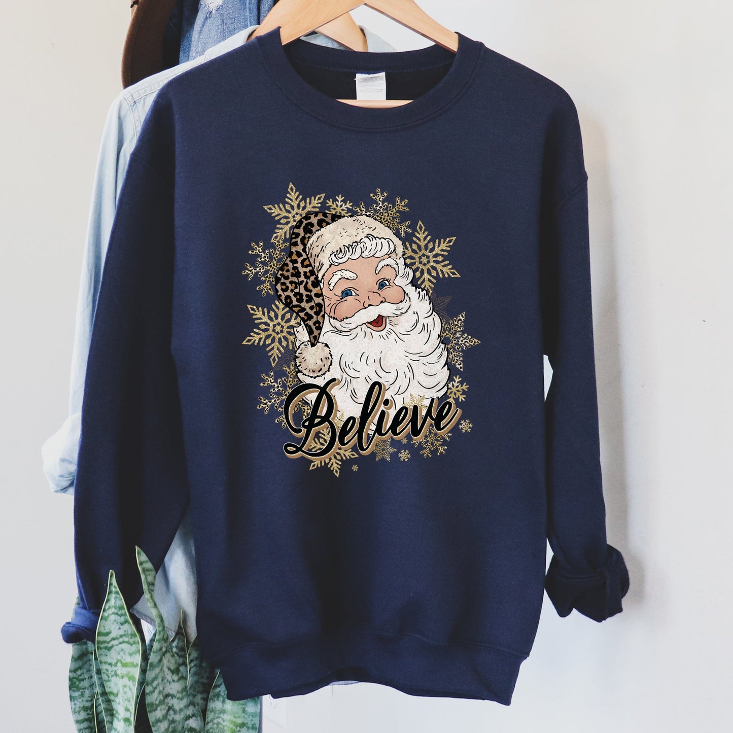 Retro Santa, Believe, Christmas, Leopard Print Sweatshirt